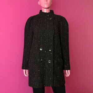 Vintage 80s M/L Coat Flecked Tweed Mockneck Black White Herringbone Pinstripe